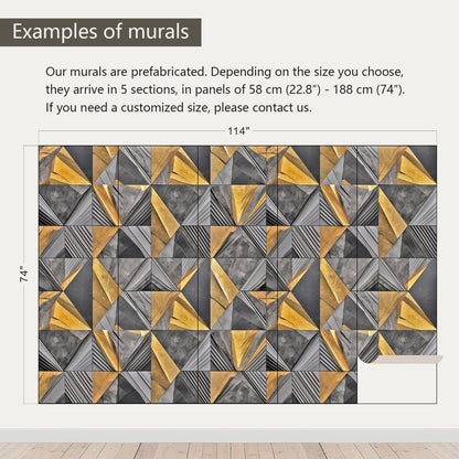 AFZEVEB-3D Geometric Wall Mural Gray and Gold Wallpaper for Bedroom 114"x74"(Not Peel and Stick)