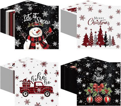 Janlaugh 200 Pcs Christmas Paper Napkins Disposable Snowman Cocktail Napkins Decoupage 2 Ply Snowflake Dinner Napkins Santa Beverage Napkins for Xmas Winter Table Decor(Black,Snowman)