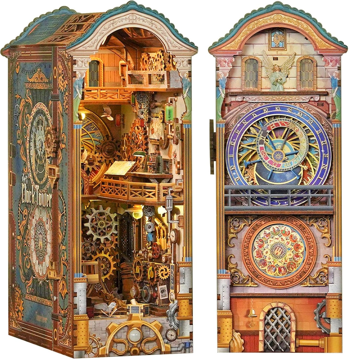 Tonecheer DIY Book Nook Kit for Adults, 3D Wooden Puzzle Bookend Miniature House Kit, Booknook Bookshelf Insert Decor with Dust Cover and LED Lights Gifts (Clock Tower)
