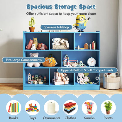 KOTEK Toy Storage Organizer, 5 Cubby Kids Bookshelf, Wooden 3-Tier Bookcase Storage Cabinet, Open Display Book Shelf for Daycare, Nursery, School Classroom, Living Room (Blue, 8 Cubes)