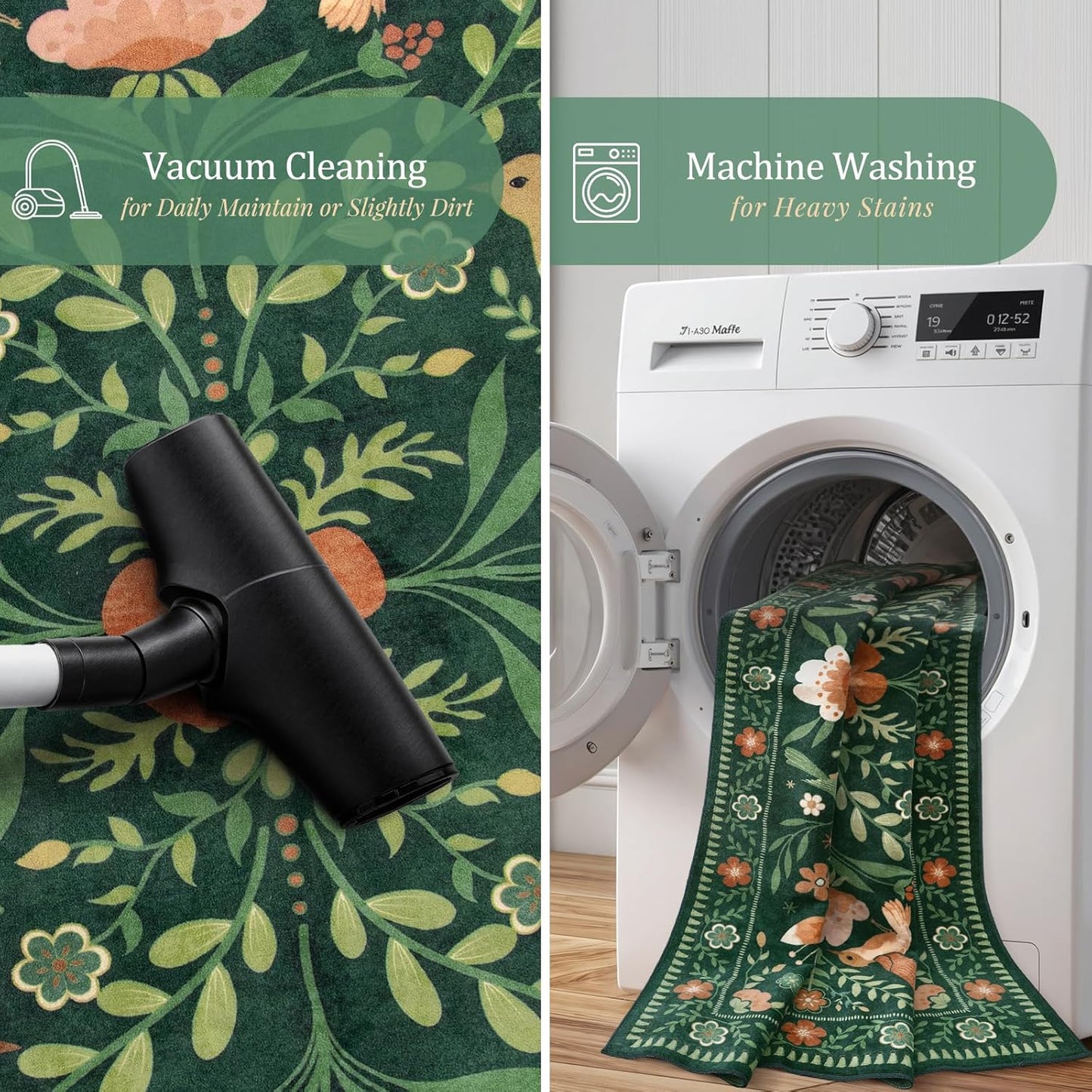 Morebes Green Boho 8x10 Area Rugs for Living Room, Washable Floral Rug for Bedroom Non Slip, Soft Ultra-Thin Distressed Flower Birds Indoor Carpet for Farmhouse Classroom Kids Nursery