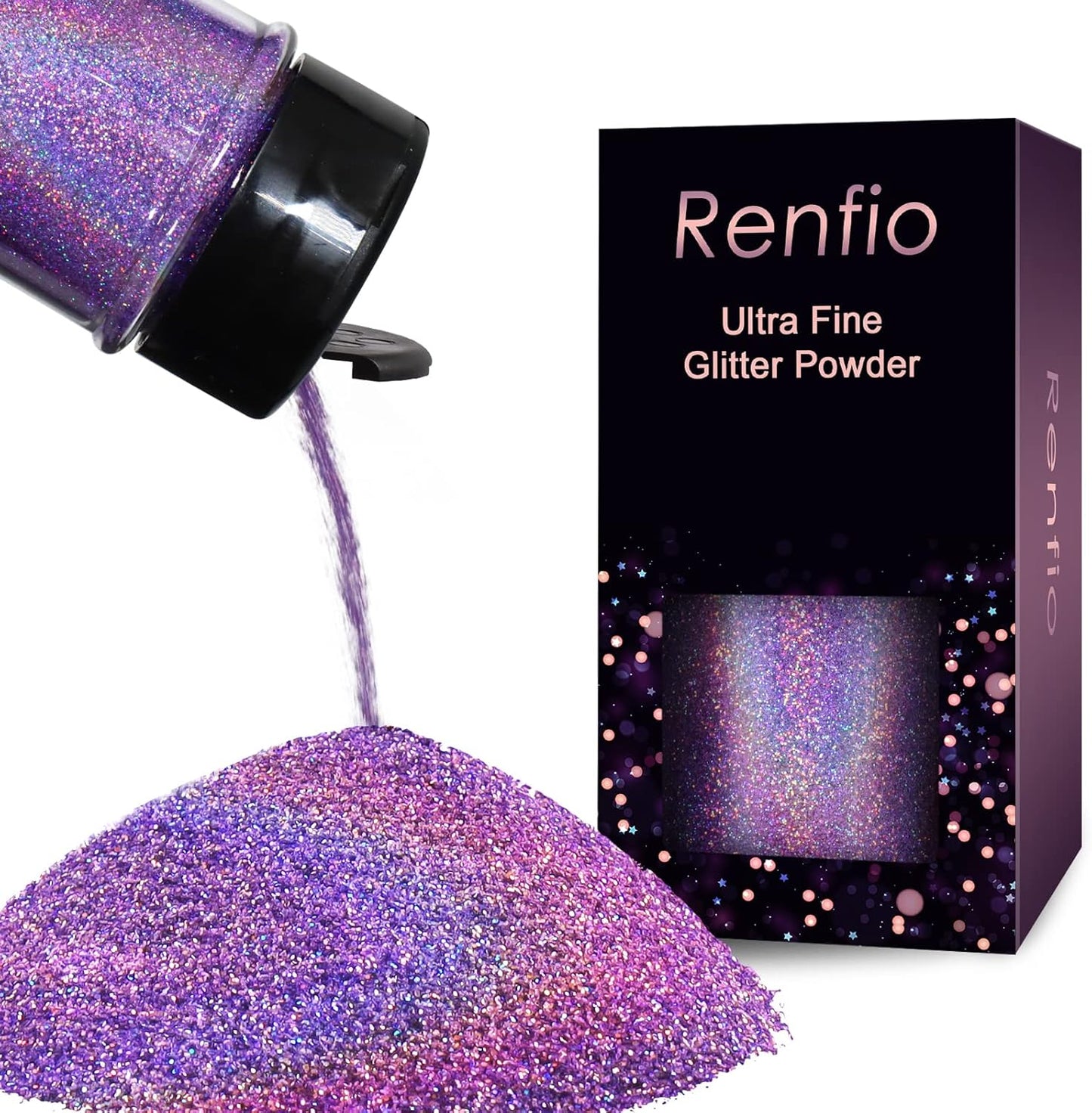 Renfio Holographic Ultra Fine Glitter Powder Metallic Resin Glitter 2.11 Oz (60g) PET Flakes Crafts Sequins 1/128" 0.008" 0.2mm Epoxy Chips Flakes for Tumblers Slime Roses - Laser Light Purple