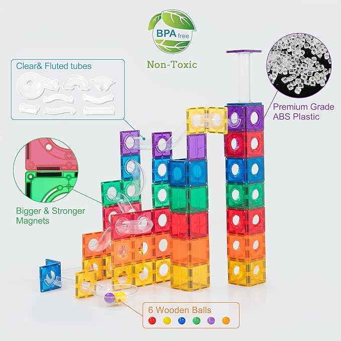 Marble Run Magnetic Tiles Set 120PCS | STEM-Authenticated Magnetic Building Blocks with Marble Track Pieces | Educational Construction Toy for Kids Ages 3–8 (Boys & Girls)