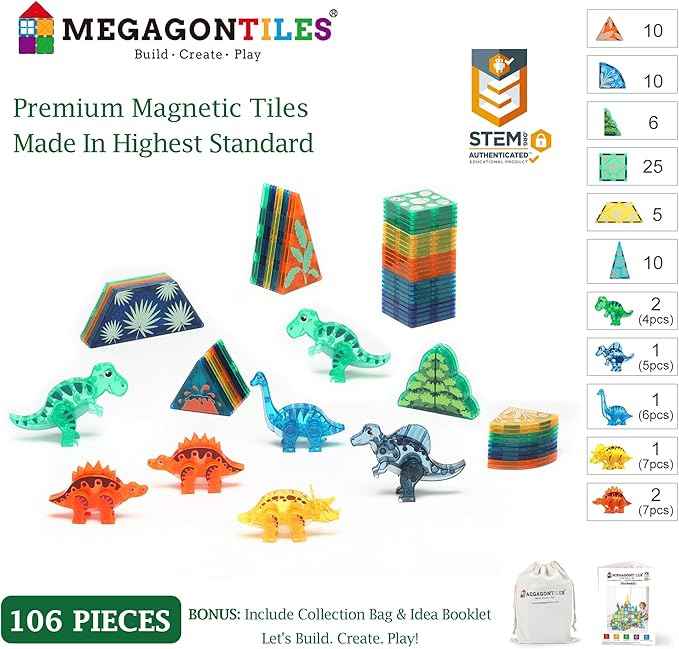 Dinosaur Magnetic Tiles Set 106PCS | STEM-Authenticated Magnet Building Blocks with Dinosaur Animals | Educational Construction Toy for Toddlers & Kids Ages 3–8 (Boys & Girls)