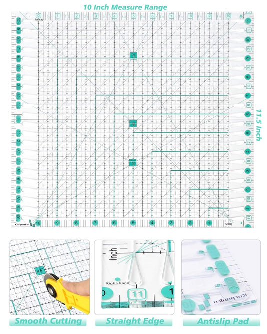 Quilting Ruler for Precise Fabric Cutting 11.5" x 10.5" Quilt Rulers Quilting Sewing Tools Slotted Rulers for Accurate Measurements and Easy Cutting Fabrics Green