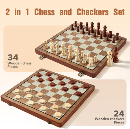 MerryPony 2 in 1 Magnetic Wooden Chess and Checkers Set, 15" Foldable Chess set for Adults & Kids, Chess Board with 2 Extra Queens, Travel Chess Set with Pieces Storage Slots, Ideal Chess for Beginner