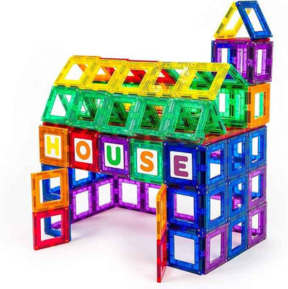 Playmags Magnetic Tile Building Set: Exclusive Educational Clickins 36-Pc. Kit: 18 Super Strong Clear Color Magnet Tiles Windows & 18 Letters & Numbers Stimulate Creativity & Brain Development