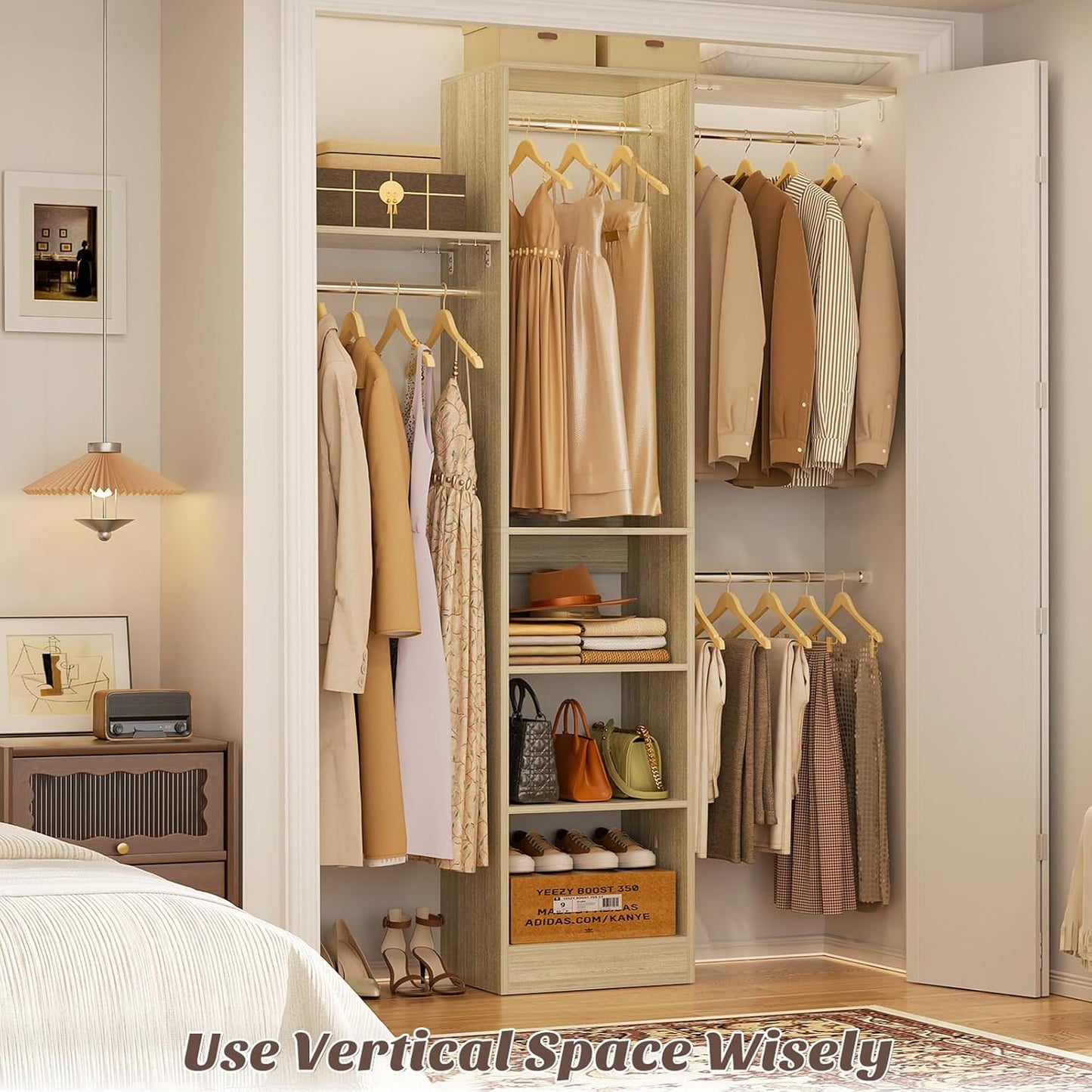 48" Small Closet Organizer, 4FT Small Closet System with 4 Closet Rods & 3 Shelves, 80"H Small Closet Organizers and Storage for Small Bedooms, Cloakrooms, Laundry Rooms, White Oak
