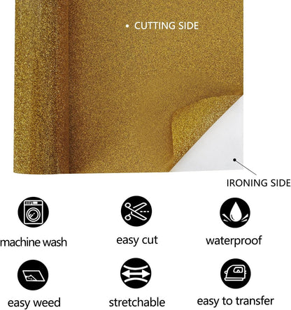 FUNKAKA Glitter Golden HTV Heat Transfer Vinyl Rolls, 12" x 8ft PU Iron on Vinyl for T-Shirt Golden Glitter HTV Vinyl for All Cutter Machines Easy to Cut & Weed for Heat Vinyl Design