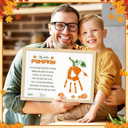 Thanksgiving My Little Pumpkin Poem Handprint Art Craft DIY Kit Thanksgiving DIY Gifts Fall Autumn Pumpkin Handprint Art Keepsake with Wood Frame for Mom Dad Friend Holiday Activities 12x16 Inch