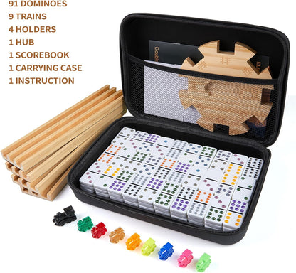 Mexican Train Double 12 Dominoes Set with 4 Wooden Trays/Racks in Portable Carrying Case Colorful 91 Tiles & 9 Trains Board Game for Family Game Night