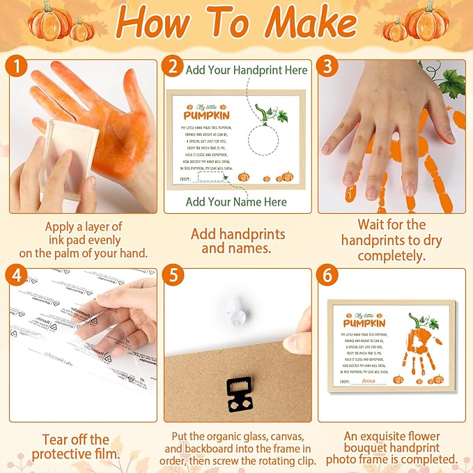 Thanksgiving My Little Pumpkin Poem Handprint Art Craft DIY Kit Thanksgiving DIY Gifts Fall Autumn Pumpkin Handprint Art Keepsake with Wood Frame for Mom Dad Friend Holiday Activities 12x16 Inch