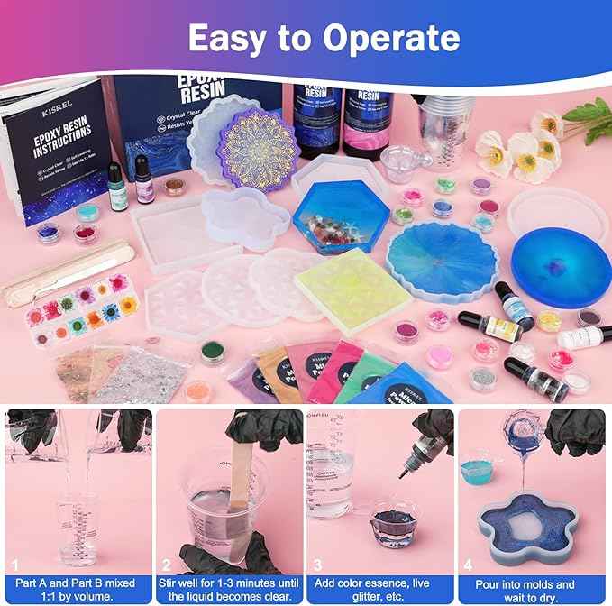 KISREL Epoxy Resin Kit for Beginners, 32oz Resin Kit with Coaster Molds, Complete Accessories Include Pigment, Mica Powders, Dried Flowers, Glitter, Measuring Cups and Other Resina Supplie
