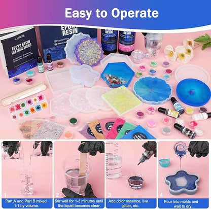 KISREL Epoxy Resin Kit for Beginners, 32oz Resin Kit with Coaster Molds, Complete Accessories Include Pigment, Mica Powders, Dried Flowers, Glitter, Measuring Cups and Other Resina Supplie