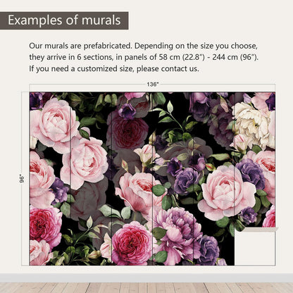 AFZEVEB-Black Watercolor Purple Peony Flower Wallpaper Wall murals for Bedroom 136"x96"(Not Peel and Stick)
