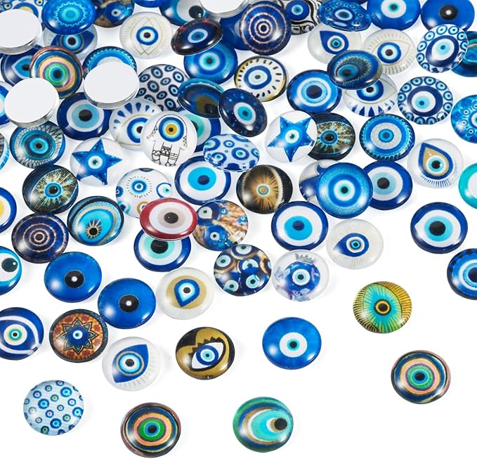 Craftora 100Pcs 12mm Evil Eye Glass Cabochons for Jewelry Making, Mixed Blue Eyes Half Round Cameo Dome Tiles Flatback Dome Cabochons for DIY Bracelets Necklace Scrapbooking DIY Crafts