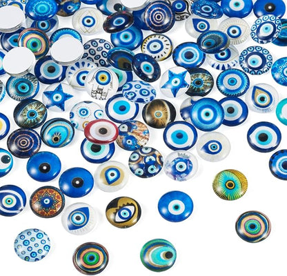 Craftora 100Pcs 12mm Evil Eye Glass Cabochons for Jewelry Making, Mixed Blue Eyes Half Round Cameo Dome Tiles Flatback Dome Cabochons for DIY Bracelets Necklace Scrapbooking DIY Crafts