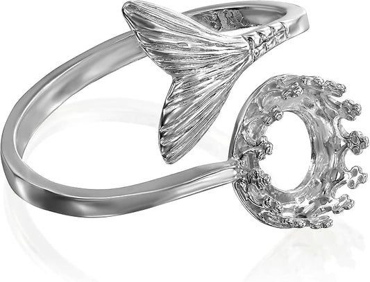 Stera Jewelry 925 Sterling Silver Adjustable Mermaid Tail Ring Blank with 6mm and 8mm Bezel