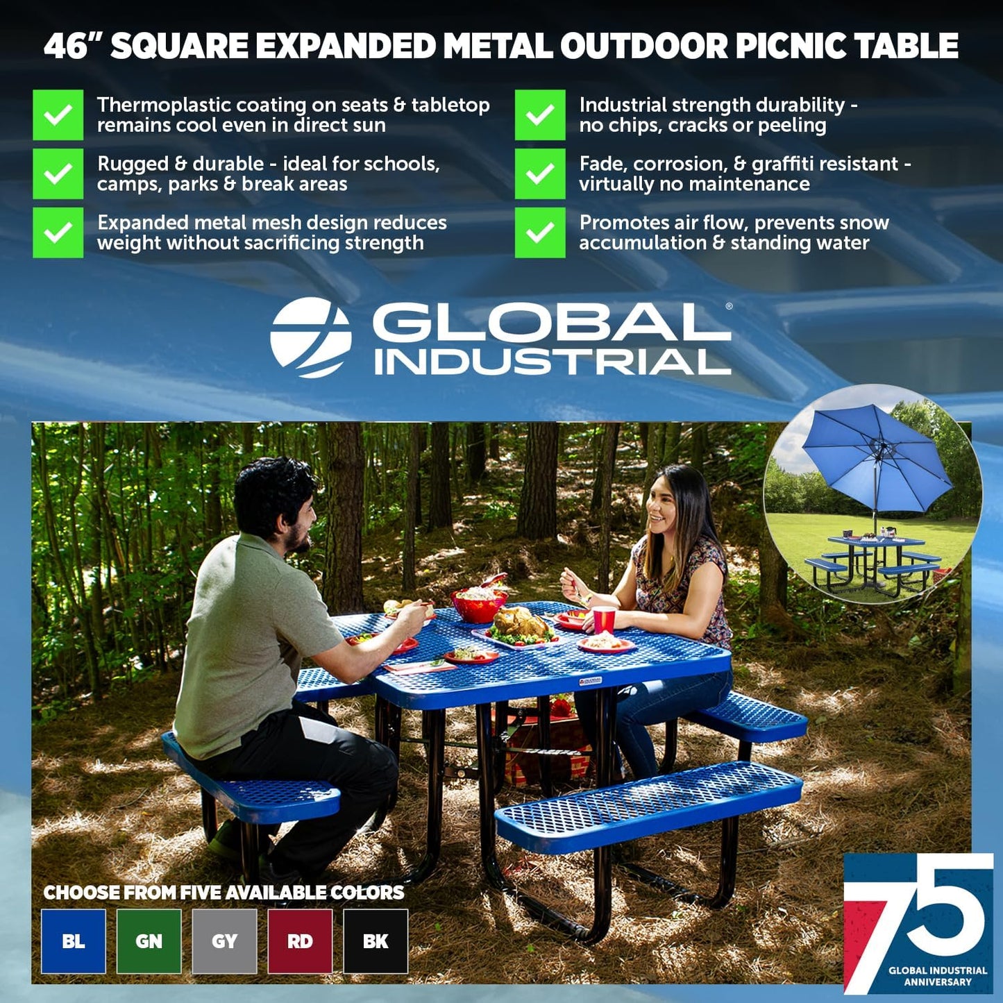 Global Industrial 46" Square Picnic Table, Expanded Metal, Red Thermoplastic Coating, Attached Benches, 1-1/2” Umbrella Pole Hole, Outdoor-Rated, 1000 lb Capacity
