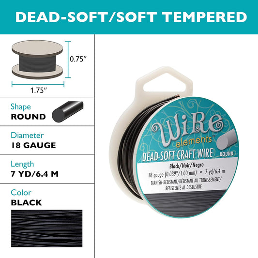 The Beadsmith Wire Elements Craft Wire – Tarnish Resistant, Soft Temper, Round, Black Color – 1mm, 18 Gauge, 7 Yard Spool – Jewelry Making, Wire Wrapping, Floral, & Other DIY Crafts