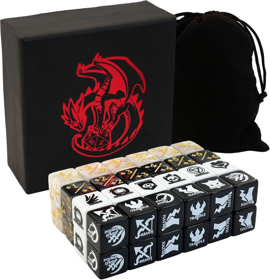 MTG dice Set with counters for Final Fantasy MTG - 50 dice Including keyword, +1 to +6, and -1 to -6 counters - Comes with Storage Box and Pouch (Pattern Version)
