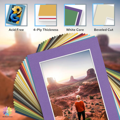 Mat Board Center, Pack of 50, 5x7 for 4x6 Mix Color Mat Kit - Acid Free, 4-ply Thickness, White Core - Includes Backing Boards and Clear Bags - for Pictures, Photos, Framing