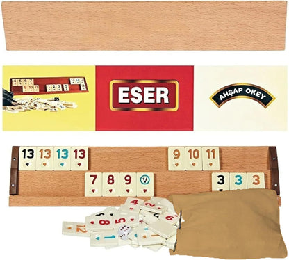 Hakan Turkish Okey Game Rummy Cube Game Rummy Cube Set with 4 Straight Wooden Racks Tile Holder and 106 Melamine Tiles Stones in Pouch
