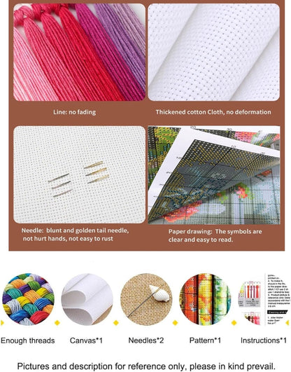 Findvoor Counted Cross Stitch Kits for Adults Full Range of Cross Stitching Embroidery Unprinted Pattern for Beginners, 11CT Needlepoint Kit Patterns Embroidery Kits-Colorful Flowers 18x18 inch