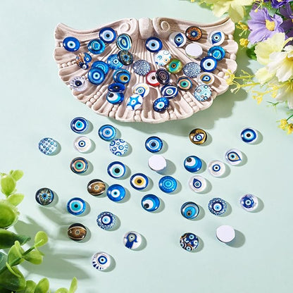 Craftora 100Pcs 12mm Evil Eye Glass Cabochons for Jewelry Making, Mixed Blue Eyes Half Round Cameo Dome Tiles Flatback Dome Cabochons for DIY Bracelets Necklace Scrapbooking DIY Crafts