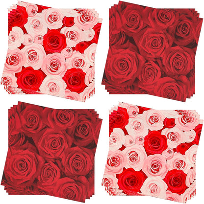 Paper Napkins 80 Pack 2 Ply Floral Beverage Luncheon Dinner Paper Napkins Rose Flower Print Disposable Napkins for Wedding Anniversary Celebrations, 6.5X6.5 Inches Folded