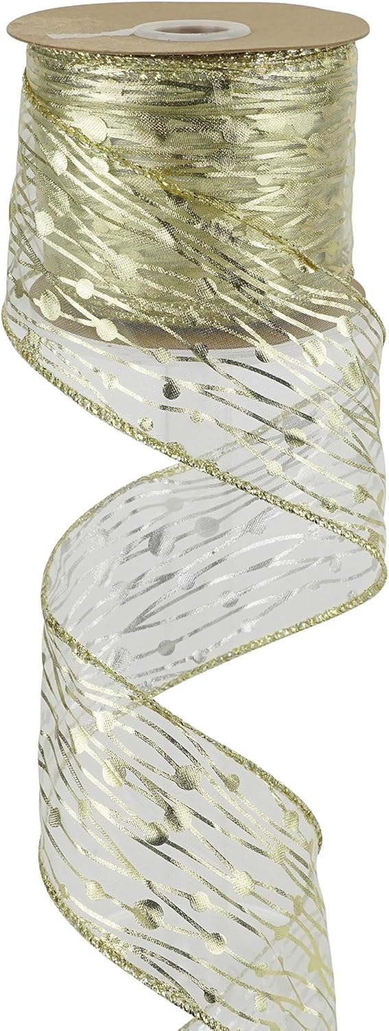MEEDEE Gold Wired Ribbon - 2.5 Inch Sheer Organza With Horizontal Stripes and Polka Dots - 25 Yards for Gift Wrapping, Garland - Crafty Corner