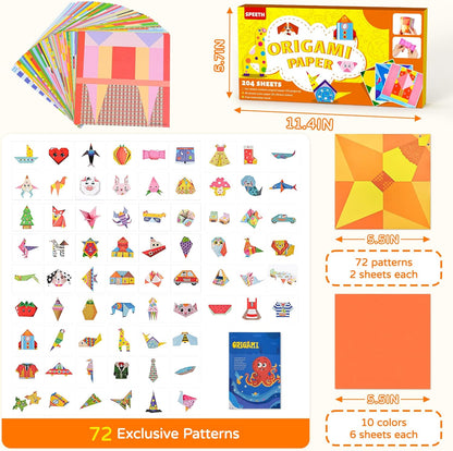 Craft Origami Paper for Kids,204 Sheets Colorful Folding Paper with 72 Patterns and Guiding Book Art Projects Kit for 5-12 Years Old Girl Boy Teen Birthday Christmas Present Preschool Educationa - Crafty Corner
