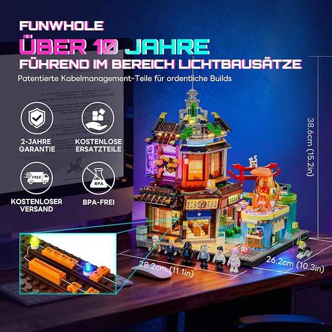 FUNWHOLE Cyberpunk Japanese-Izakaya Lighting-Building-Bricks Set - Cyberpunk Neon City Future Pub Japanese Street View House Collection LED Light Model Set 1987 Pcs for Adults and Sci-fi Lovers
