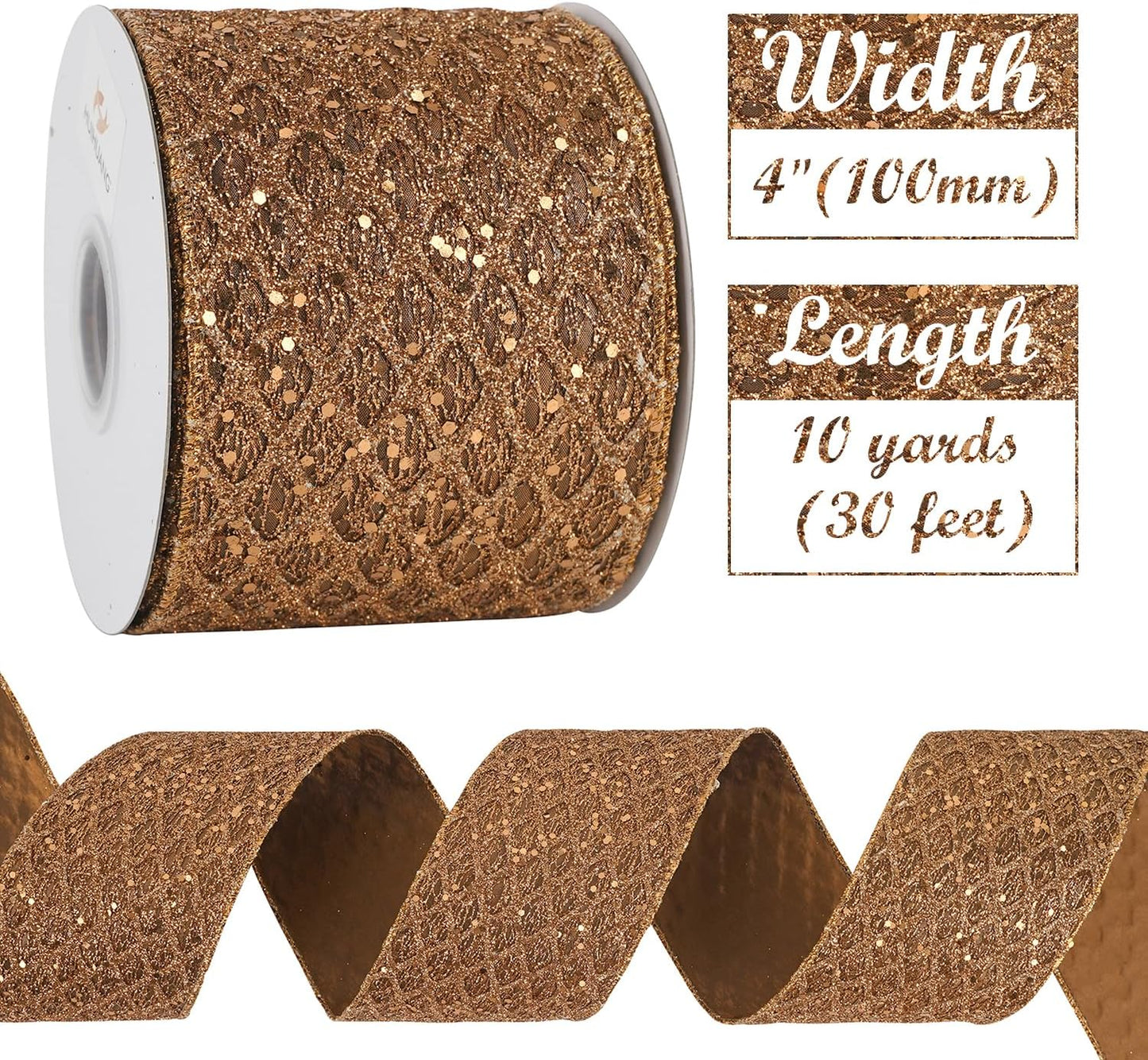 HUIHUANG Copper Wired Ribbon 4 inch Glitter Christmas Wired Ribbon Diamond Mesh Wire Ribbon for X-mas Tree Decorations, Wreaths, Garland, Large Bows Making, Thanksgiving Fall Decor -10 Yards - Crafty Corner