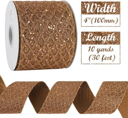 HUIHUANG Copper Wired Ribbon 4 inch Glitter Christmas Wired Ribbon Diamond Mesh Wire Ribbon for X-mas Tree Decorations, Wreaths, Garland, Large Bows Making, Thanksgiving Fall Decor -10 Yards - Crafty Corner