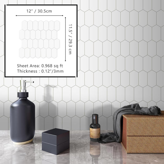 The Tiles Plaza 10-Sheet Peel and Stick Backsplash, White Long Hexagon Self Adhesive Wall Tile, Stone Composite Stick On Decorative Mosaic Tile for Kitchen Bathroom Fireplace