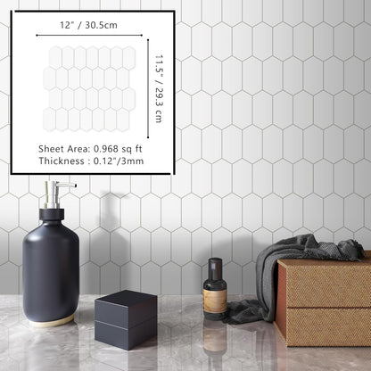 The Tiles Plaza 10-Sheet Peel and Stick Backsplash, White Long Hexagon Self Adhesive Wall Tile, Stone Composite Stick On Decorative Mosaic Tile for Kitchen Bathroom Fireplace