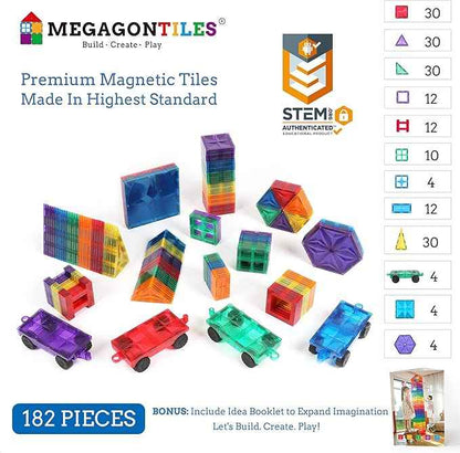 182PCS Premium Magnetic Tiles Set | STEM-Authenticated Magnetic Building Blocks | Educational Construction Toy for Kids Ages 3–8 (Boys & Girls)