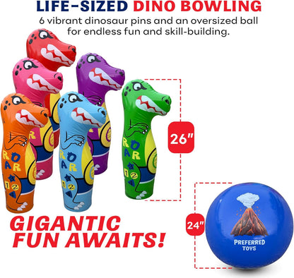 Inflatable Dinosaur Bowling Set for Kids – 6 Giant 26” Pins & 24” Ball – Fun Indoor/Outdoor Game – Educational Motor Skills Toy – Great Birthday Gift – Teaches Numbers, Letters & Shapes