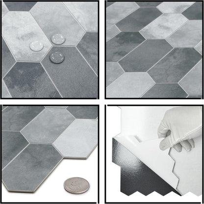 The Tiles Plaza 10-Sheet Peel and Stick Backsplash, Grey Cement Long Hexagon Self Adhesive Wall Tile, Stone Composite Stick On Decorative Mosaic Tile for Kitchen Bathroom Fireplace