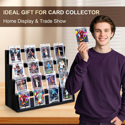 Emfogo Card Display Stand, 4-Tier Trading Card Display, Wooden Graded Baseball Sports Card Display, Trading Card Display Case for Card Collection & Show (Black)