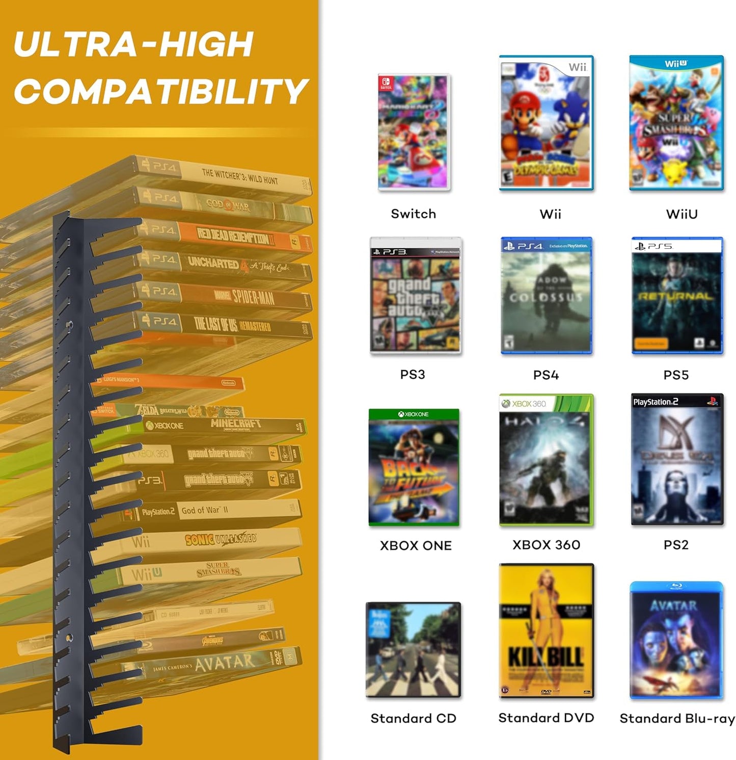 Funturbo Video Game Storage Wall Mount Game Case Holder, Metal Wall Mounted Media Storage Shelves for PS, Xbox, Switch Game Organizer (8-Pack)