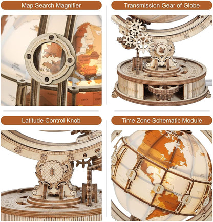 ROKR 3D Wooden Puzzles for Adults Illuminated Globe with Stand 180pcs 3D Puzzles Built-in LED Model Kit Hobby Gifts for Adults Home Decor
