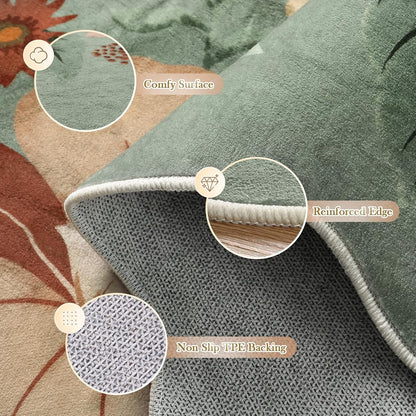 Beeiva Washable Rugs 5x7 - Scalloped Floral Printed Soft Non Slip Green Rug for Bedroom Under Bed Boho Living Room Rugs Ultra-Thin Low Pile Carpet for Playroom Dining Room Dorm(Green,5x7ft)