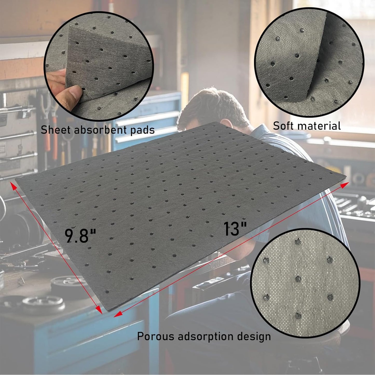 Oil Absorbent Pads | 13"x9.8" Garage Mats | Drip & Spill Universal Pads for Automotive - Absorbing Oil, Liquids, Antifreeze, Brake Fluid, Grease, Coolant | Concrete & Metal Protection,100-Pack
