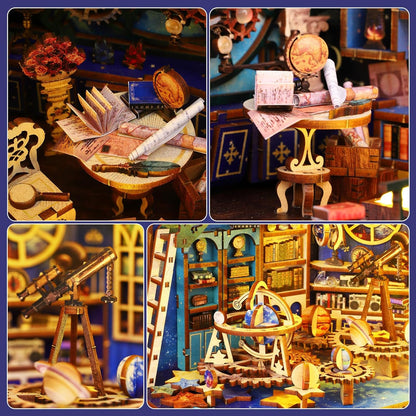 DIY Book Nook Kit Dollhouse Magic Booknook Bookshelf Insert Decor 3D Wooden Puzzle Bookend Miniature Kit with Sensor Light Creative Craft/Home Decoration for Adult (Interstellar Exploration)