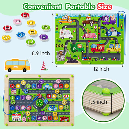 Magnetic Maze 2 in 1 Double Side Color and Number Maze Alphabet Puzzle Board for 3-5 Boys and Girls Kids Montessori Educational Toys (Car, One Size)