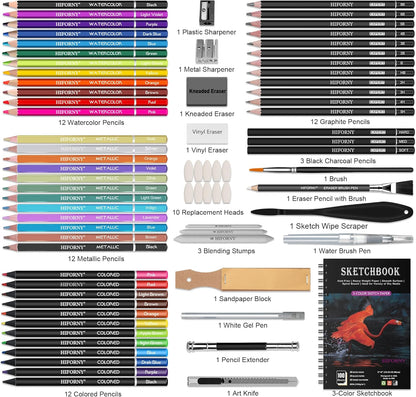 HIFORNY 176 PCS Art Supplies Drawing Set Sketching Kit with 100 Sheets 3-Color Sketchbook,Graphite Colored Charcoal Watercolor & Metallic Pencils,Blending Tools and More, for Beginner Artists