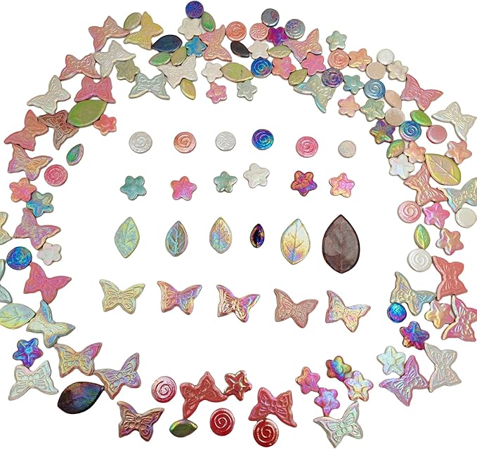 500g/1.1lb Random Color Irregular Ceramics Mosaic Tiles,DIY Making Creative Ceramic Mosaic Tiles for DIY Craft Plates Flowerpots Vases Cups Mosaic Making Supplies (Leaves+Flowers+Butterflies+Round)