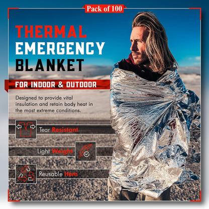 Mart Cobra Emergency Blanket 100-Pack | Reflective Thermal Blanket | Survival Gear | Lightweight Mylar Blankets | Retains 90% Body Heat | Essential for Camping, First Aid, Homeless Care Package Bulk